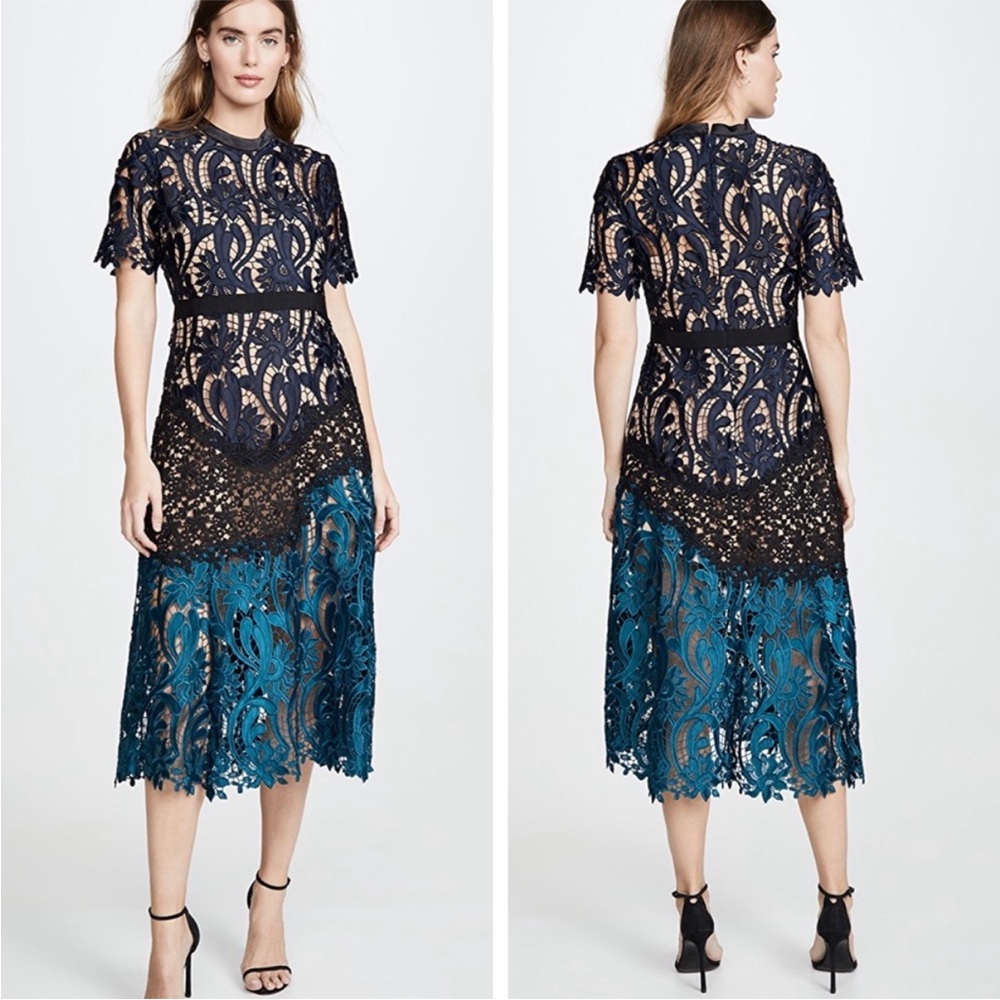 Self Portrait Prairie Midi Dress in Blue Guipure Lace